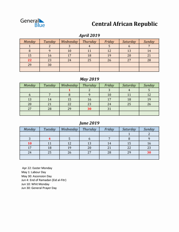 Q2 2019 Holiday Calendar - Central African Republic