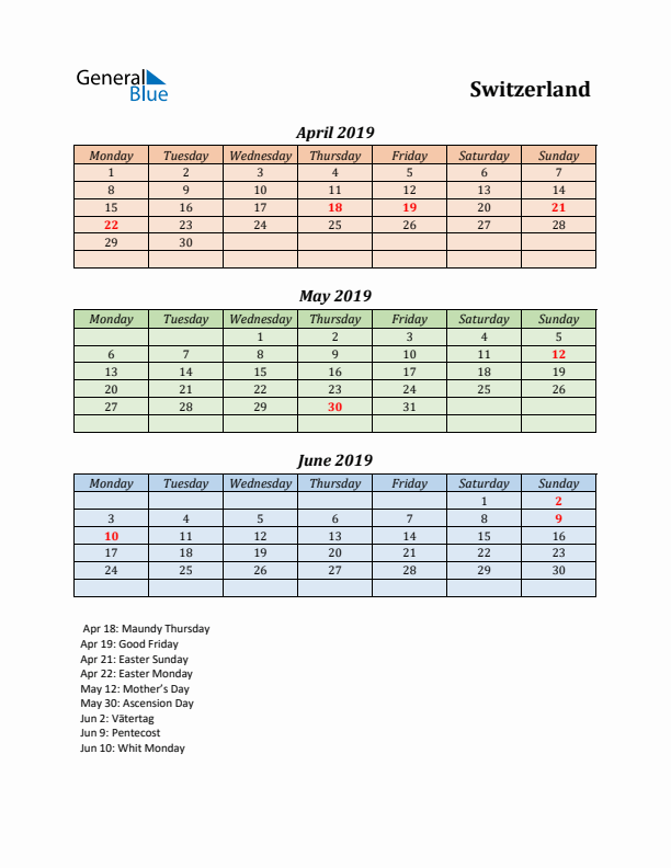 Q2 2019 Holiday Calendar - Switzerland