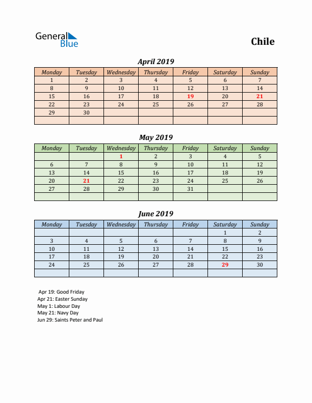 Q2 2019 Holiday Calendar - Chile