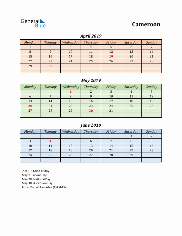 Q2 2019 Holiday Calendar - Cameroon