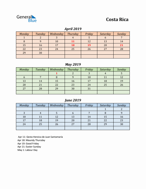 Q2 2019 Holiday Calendar - Costa Rica