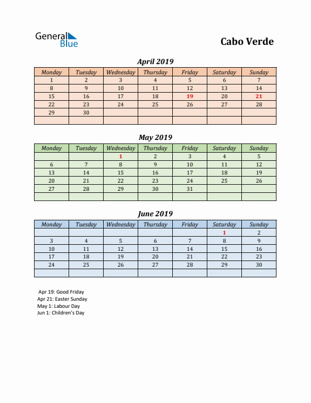 Q2 2019 Holiday Calendar - Cabo Verde