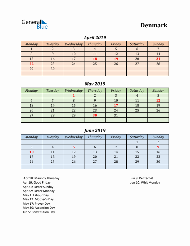 Q2 2019 Holiday Calendar - Denmark