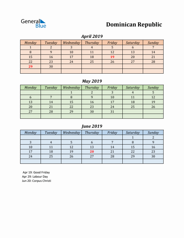 Q2 2019 Holiday Calendar - Dominican Republic