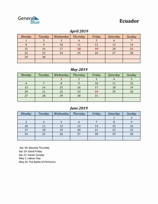 Q2 2019 Holiday Calendar - Ecuador