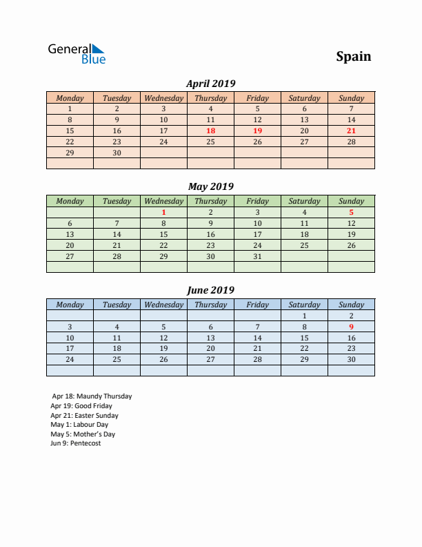 Q2 2019 Holiday Calendar - Spain