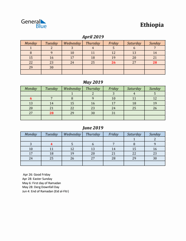 Q2 2019 Holiday Calendar - Ethiopia