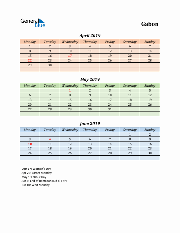 Q2 2019 Holiday Calendar - Gabon