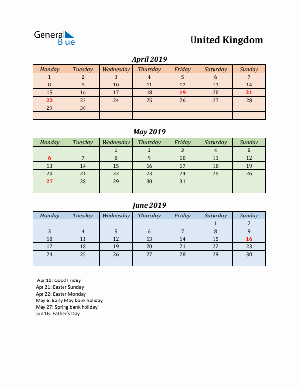 Q2 2019 Holiday Calendar - United Kingdom