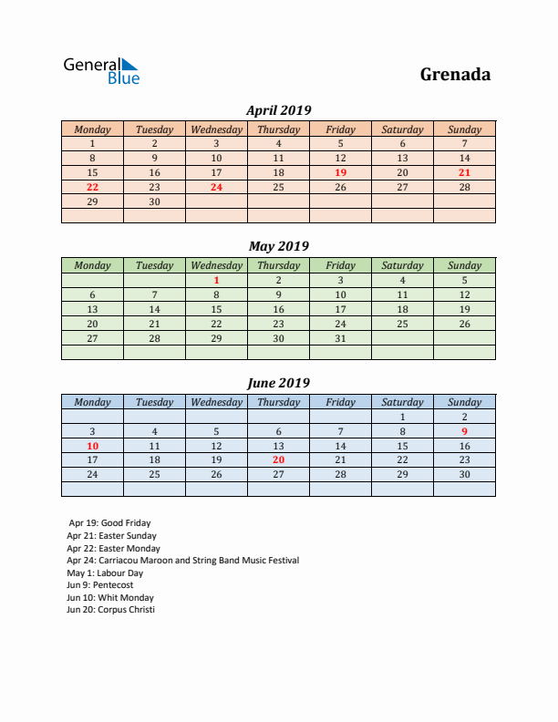 Q2 2019 Holiday Calendar - Grenada