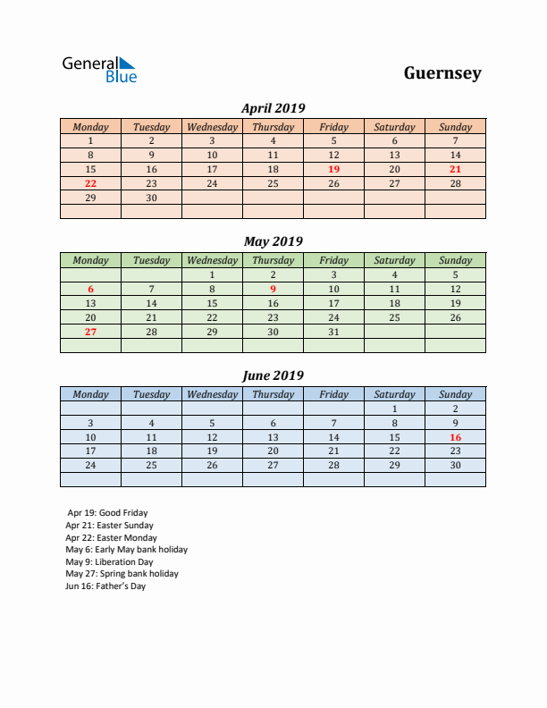 Q2 2019 Holiday Calendar - Guernsey