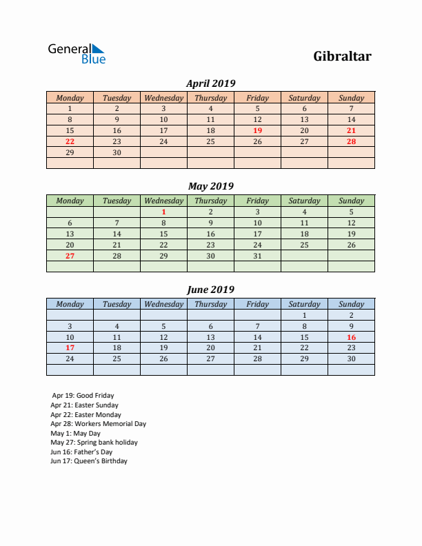 Q2 2019 Holiday Calendar - Gibraltar