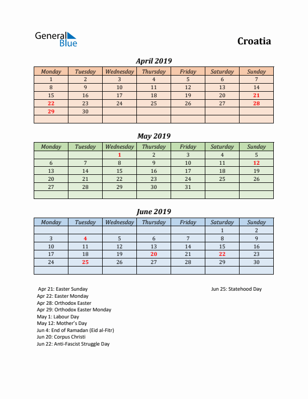 Q2 2019 Holiday Calendar - Croatia