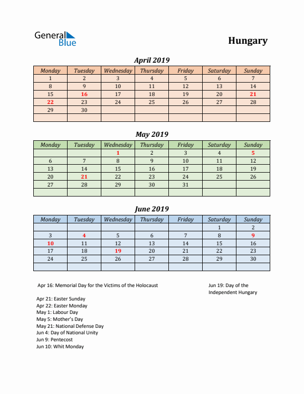 Q2 2019 Holiday Calendar - Hungary