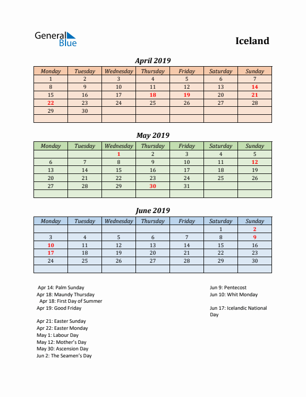 Q2 2019 Holiday Calendar - Iceland