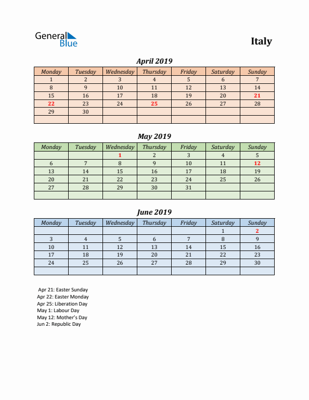 Q2 2019 Holiday Calendar - Italy