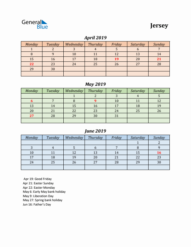 Q2 2019 Holiday Calendar - Jersey