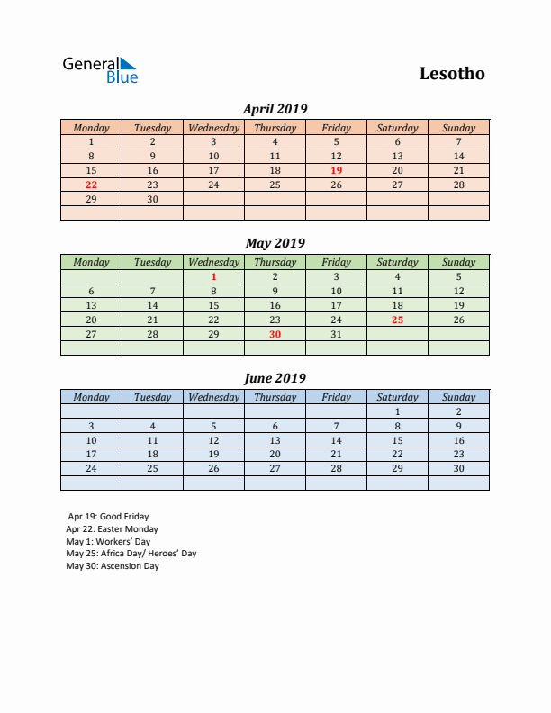 Q2 2019 Holiday Calendar - Lesotho