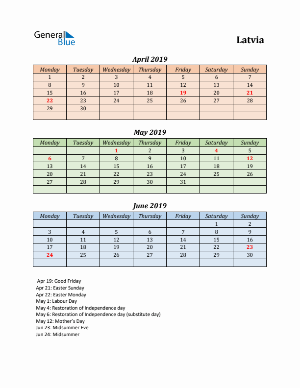 Q2 2019 Holiday Calendar - Latvia