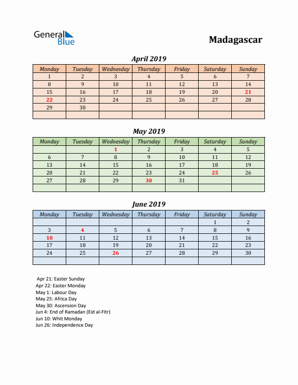 Q2 2019 Holiday Calendar - Madagascar