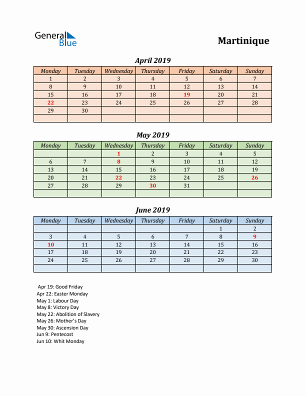 Q2 2019 Holiday Calendar - Martinique