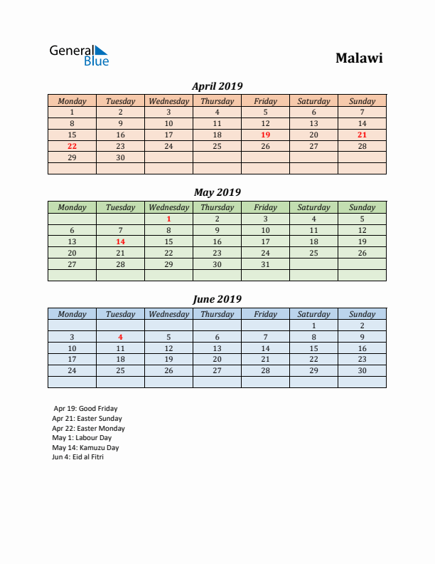 Q2 2019 Holiday Calendar - Malawi