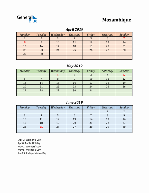 Q2 2019 Holiday Calendar - Mozambique