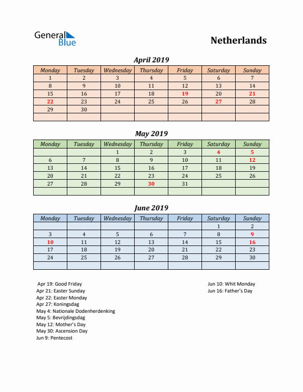 Q2 2019 Holiday Calendar - The Netherlands