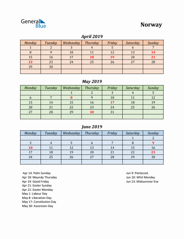 Q2 2019 Holiday Calendar - Norway