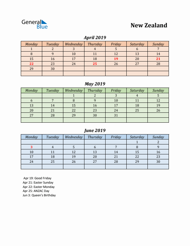 Q2 2019 Holiday Calendar - New Zealand