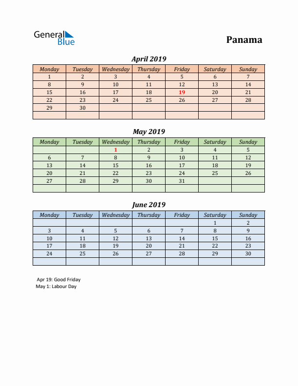 Q2 2019 Holiday Calendar - Panama