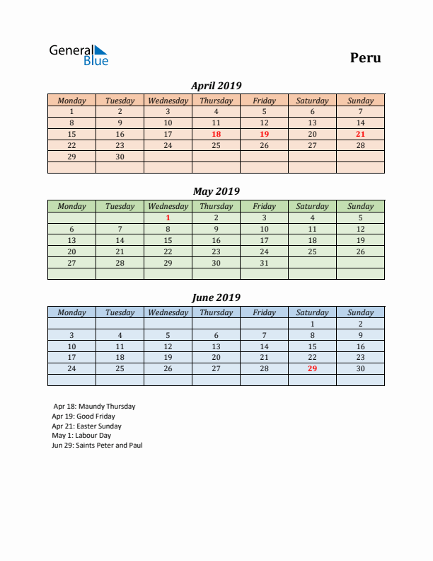 Q2 2019 Holiday Calendar - Peru