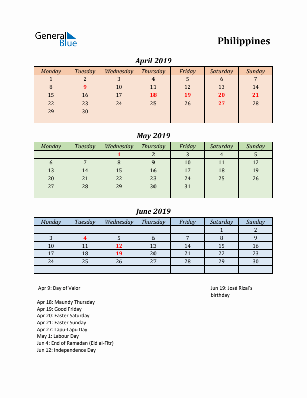 Q2 2019 Holiday Calendar - Philippines