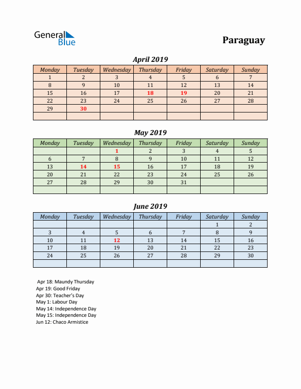 Q2 2019 Holiday Calendar - Paraguay