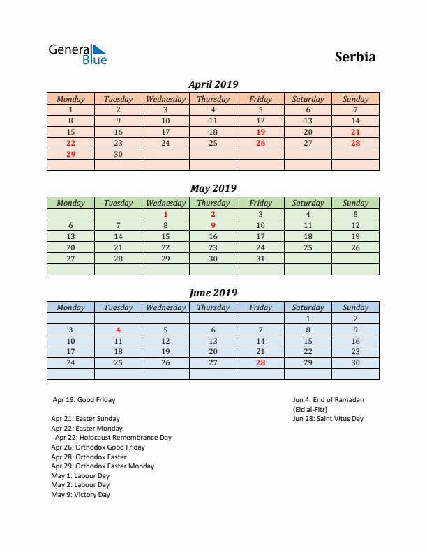 Q2 2019 Holiday Calendar - Serbia