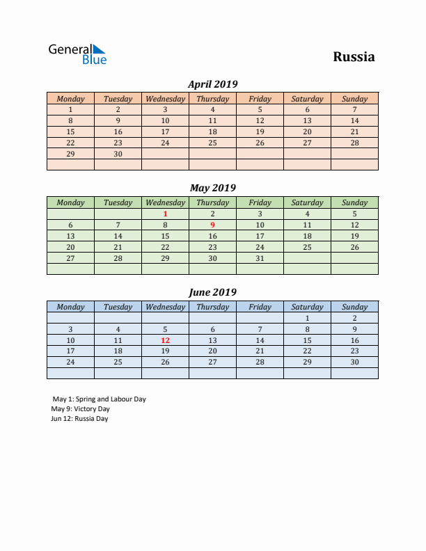 Q2 2019 Holiday Calendar - Russia