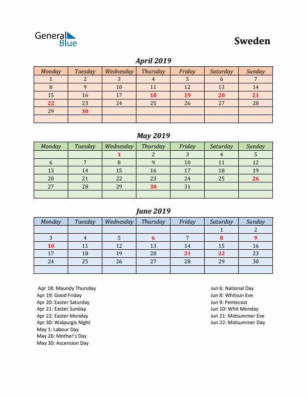 Q2 2019 Holiday Calendar - Sweden