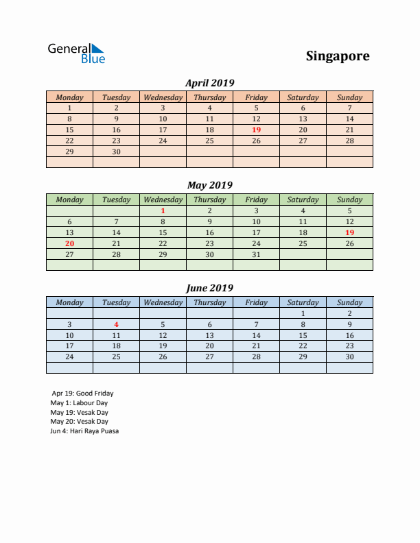 Q2 2019 Holiday Calendar - Singapore