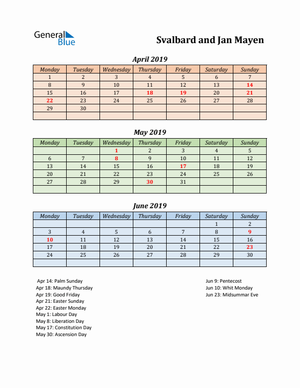 Q2 2019 Holiday Calendar - Svalbard and Jan Mayen