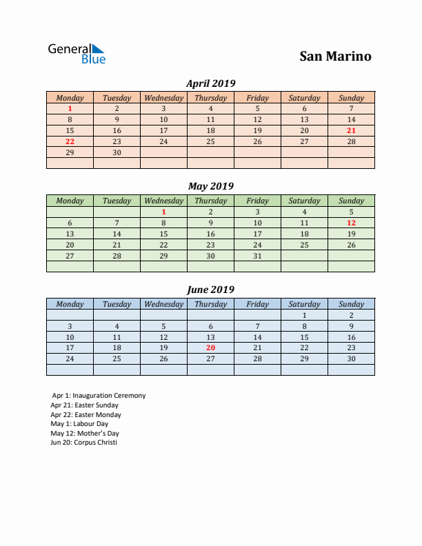 Q2 2019 Holiday Calendar - San Marino