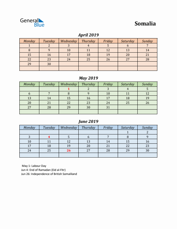 Q2 2019 Holiday Calendar - Somalia