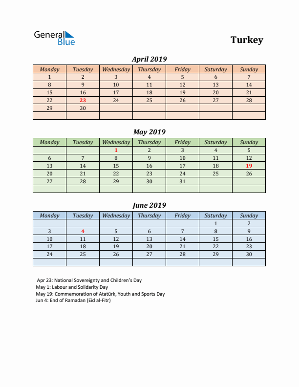 Q2 2019 Holiday Calendar - Turkey