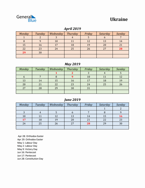 Q2 2019 Holiday Calendar - Ukraine