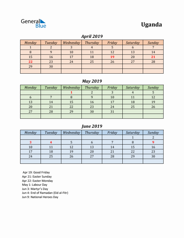 Q2 2019 Holiday Calendar - Uganda