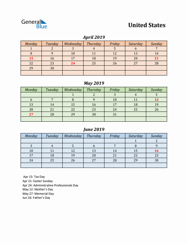 Q2 2019 Holiday Calendar - United States