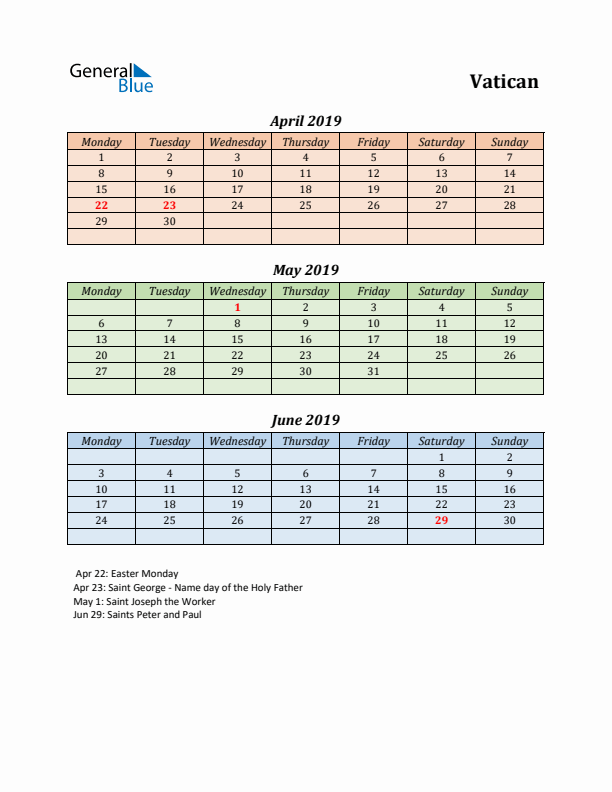 Q2 2019 Holiday Calendar - Vatican