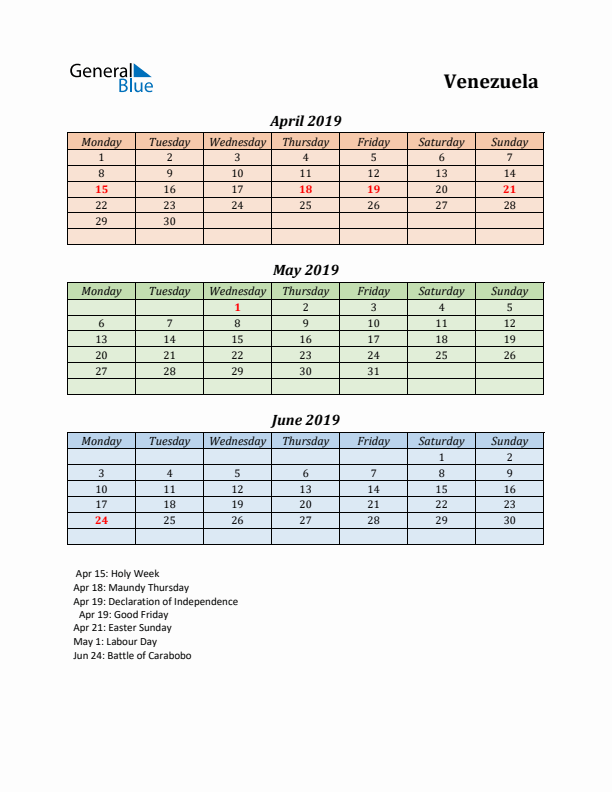 Q2 2019 Holiday Calendar - Venezuela