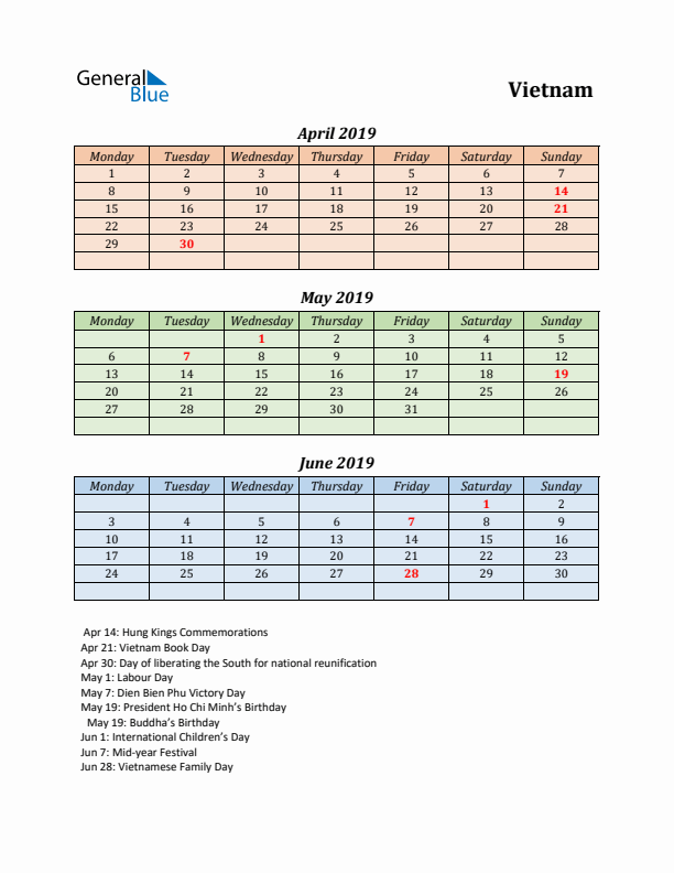 Q2 2019 Holiday Calendar - Vietnam