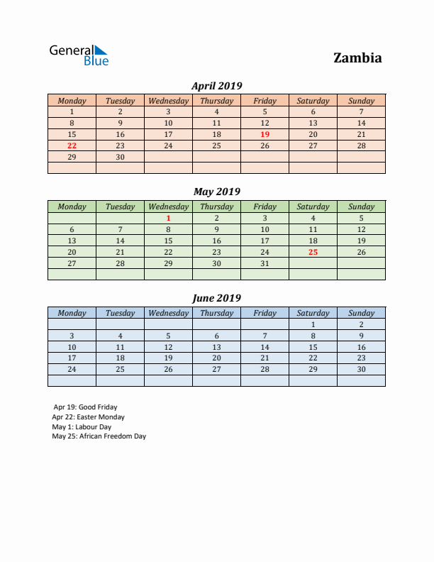 Q2 2019 Holiday Calendar - Zambia