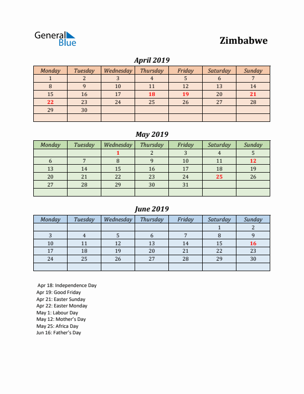 Q2 2019 Holiday Calendar - Zimbabwe